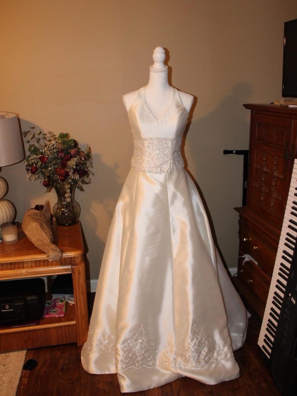 David's Bridal Ivory Satin Halter Wedding Gown